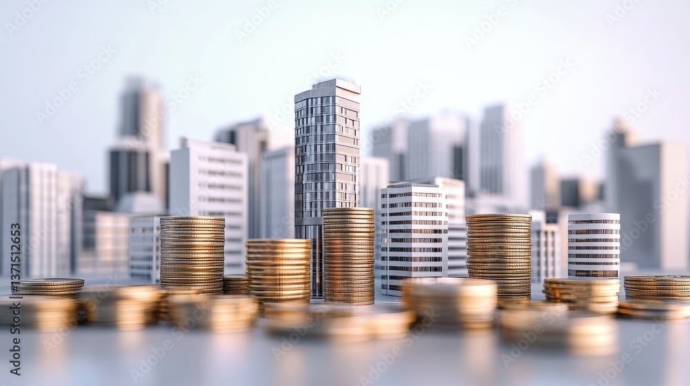 Fototapeta Commercial property investment, office buildings and coin stacks, 3D illustration.