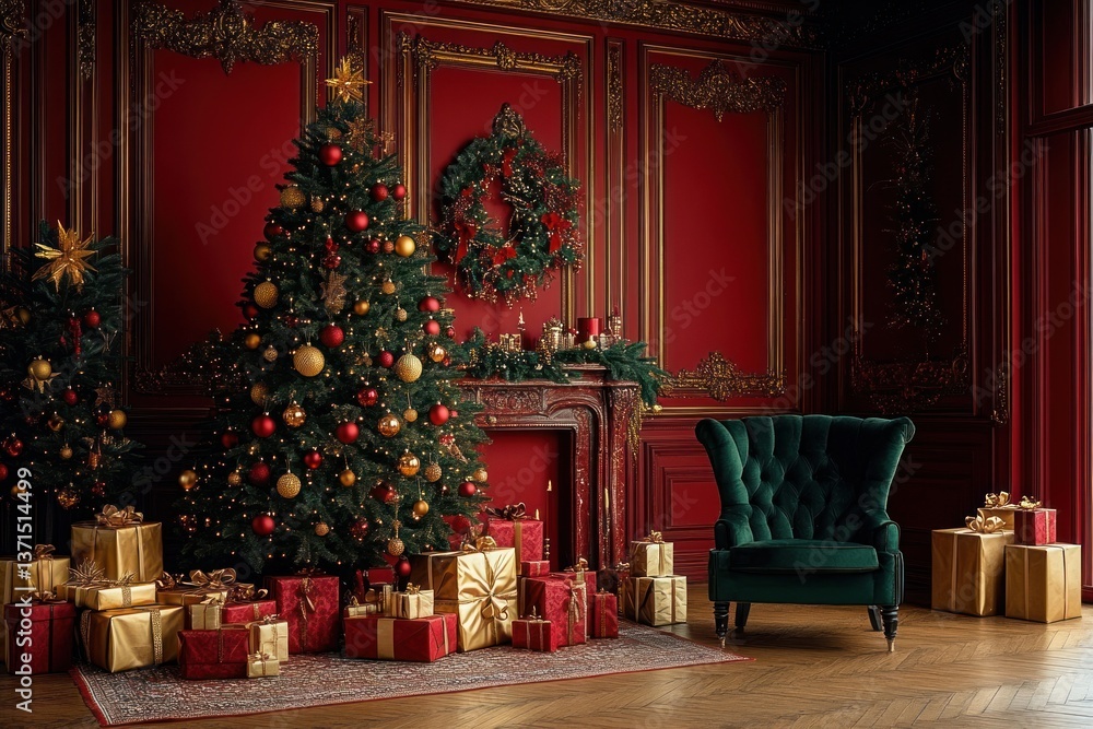 Obraz premium Luxurious Christmas Interior with Decorated Tree and Gifts in Cozy Red Tones