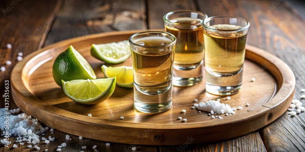 A close-up shot of a traditional tequila flight with three agave-based spirits, accompanied by cut limes and salt on a wooden board, platter, spirits flight A close-up shot of a traditional tequila flight with three agave-based spirits, accompanied by cut limes and salt on a wooden board, platter, spirits flight