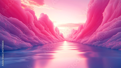 Pink Sunset Landscape: Dreamlike River in Surreal Mountains