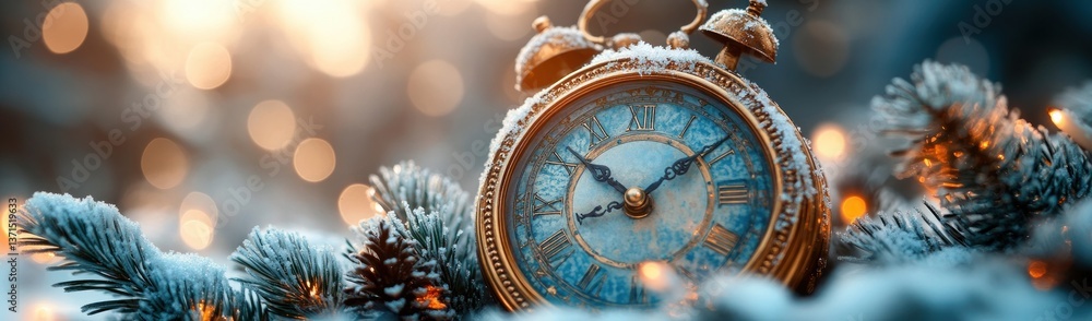 Obraz premium New Year Countdown Clock Frost Fir Branches Snow Bokeh Lights Celebration