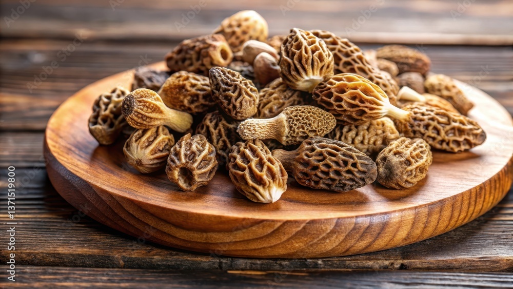 Fototapeta premium Close-up of dry morel mushrooms on wooden platter, wooden platter, fungi, wooden platter,fungi