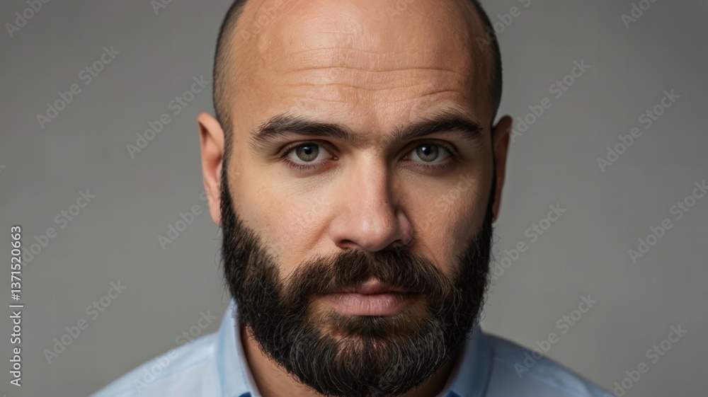 Obraz premium Serious Man Portrait: Close-up of Bearded Bald Man
