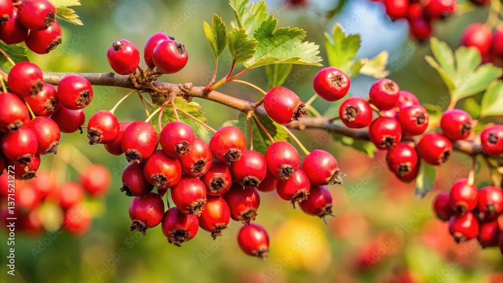 Fresh hawthorn berries cluster on a bare tree branch in late summer, outdoors, ripe fruit, outdoors Fresh hawthorn berries cluster on a bare tree branch in late summer, outdoors, ripe fruit, outdoors