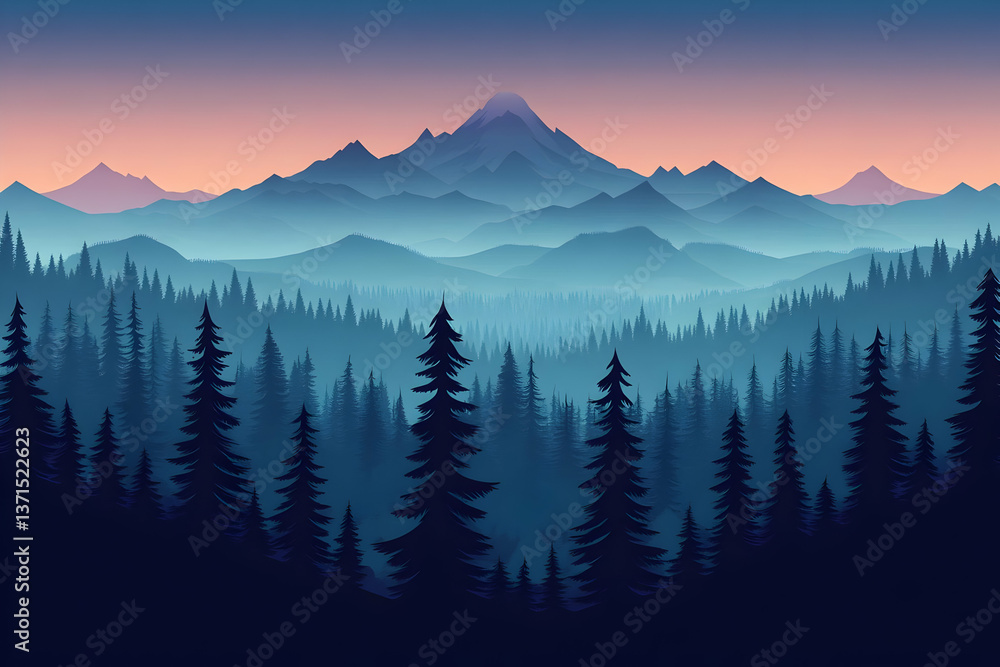 Obraz premium Pixel Art Landscape View Of Mountains Forest Silhouette And Blue Hues