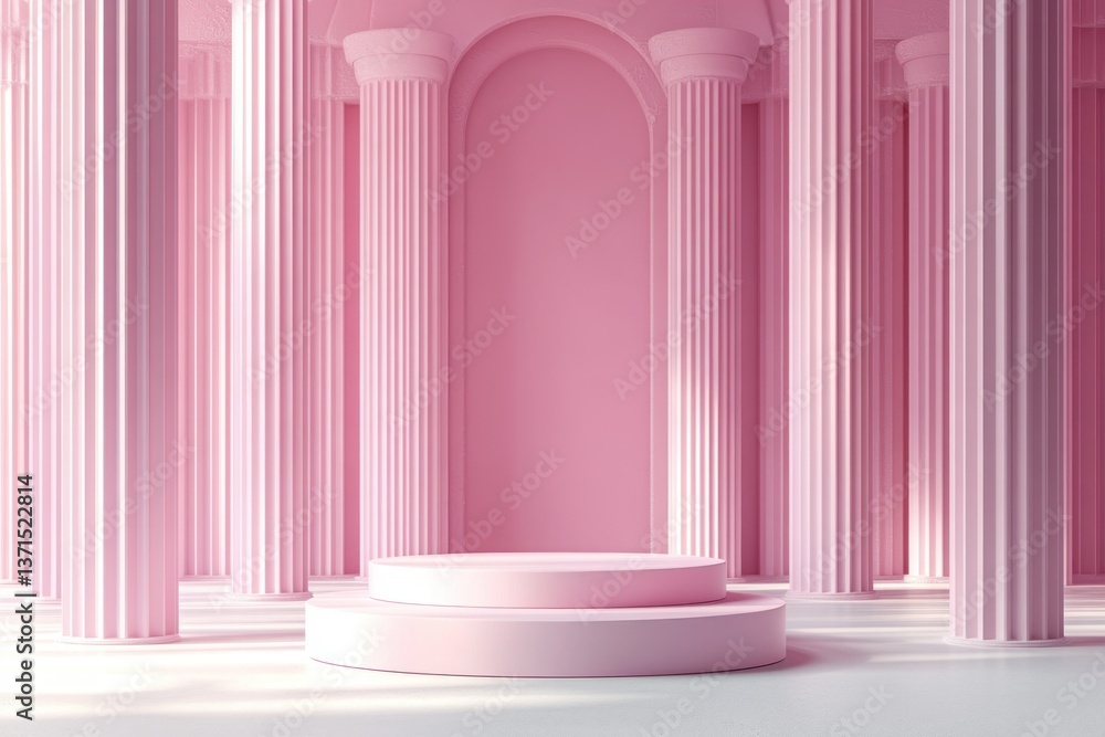 Minimalist Interior Scene with Pink Columns and Podium for Product Display Minimalist Interior Scene with Pink Columns and Podium for Product Display