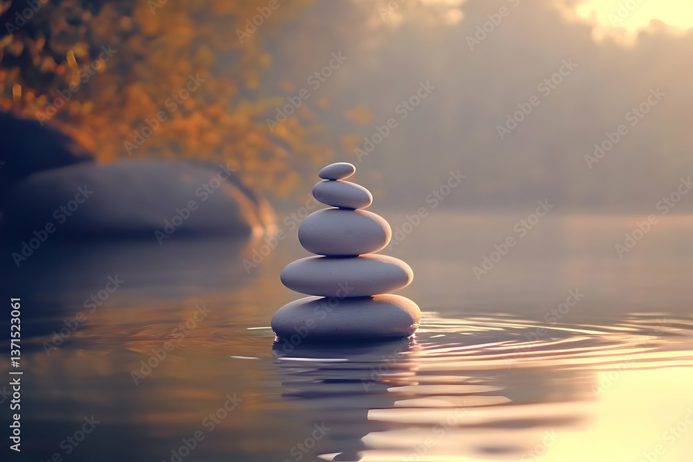 Stacked Stones Balancing In Water With Soft Reflections Photo Stacked Stones Balancing In Water With Soft Reflections Photo