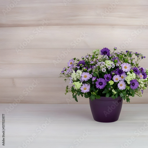 Wallpaper Mural Vibrant Purple and White Flowers in a Pot Against Wooden Background Photo Torontodigital.ca
