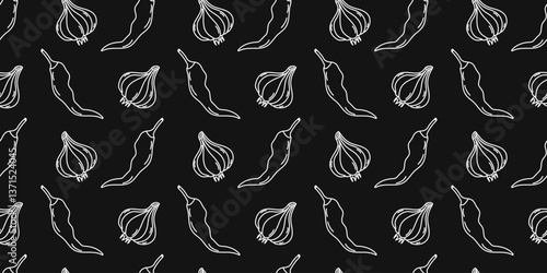 Unique pattern featuring garlic and peppers on a black background for culinary design