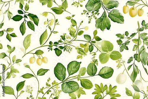 Watercolor Botanical Illustration Of Green Leaves And Plants On White Background Photo