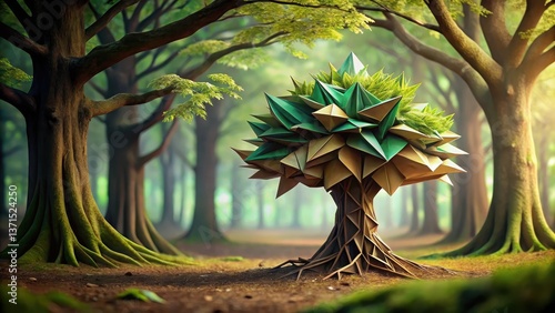 A delicate origami paper tree slowly unfolding into a majestic real tree with intricate branches and leaves in shades of green and brown , forest, origami