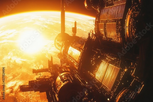 sentient space station highlighted by a vibrant sun, illustrating an array of antennae, ports, and solar panels