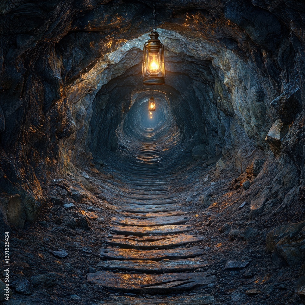 Fototapeta premium Eerie Underground Mine Passage with Lantern Soft Glow Chiaroscuro Lighting 3D Render