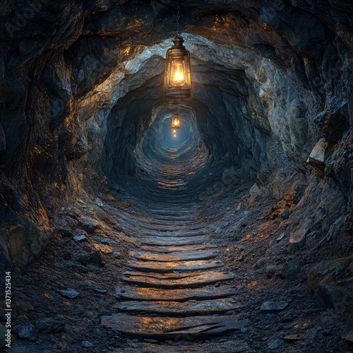 Fototapeta Naklejka Na Ścianę i Meble -  Eerie Underground Mine Passage with Lantern Soft Glow Chiaroscuro Lighting 3D Render