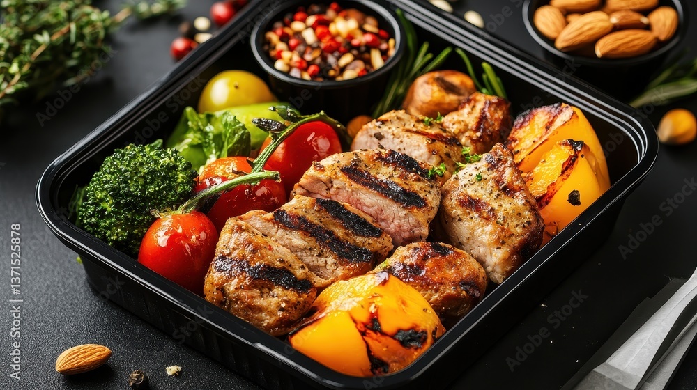 Low carb lunch box with grilled vegetables, meat, and nuts, healthy food, lunch box. Low carb lunch box with grilled vegetables, meat, and nuts, healthy food, lunch box.
