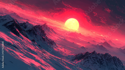 Crimson Sunset over Snow-Capped Mountains: A Breathtaking Landscape