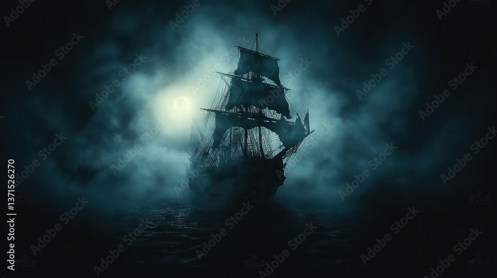 Mysterious Pirate Ship in Foggy Night Adventure with Vintage Black Sailboat and Dark Nautical Atmosphere Mysterious Pirate Ship in Foggy Night Adventure with Vintage Black Sailboat and Dark Nautical Atmosphere