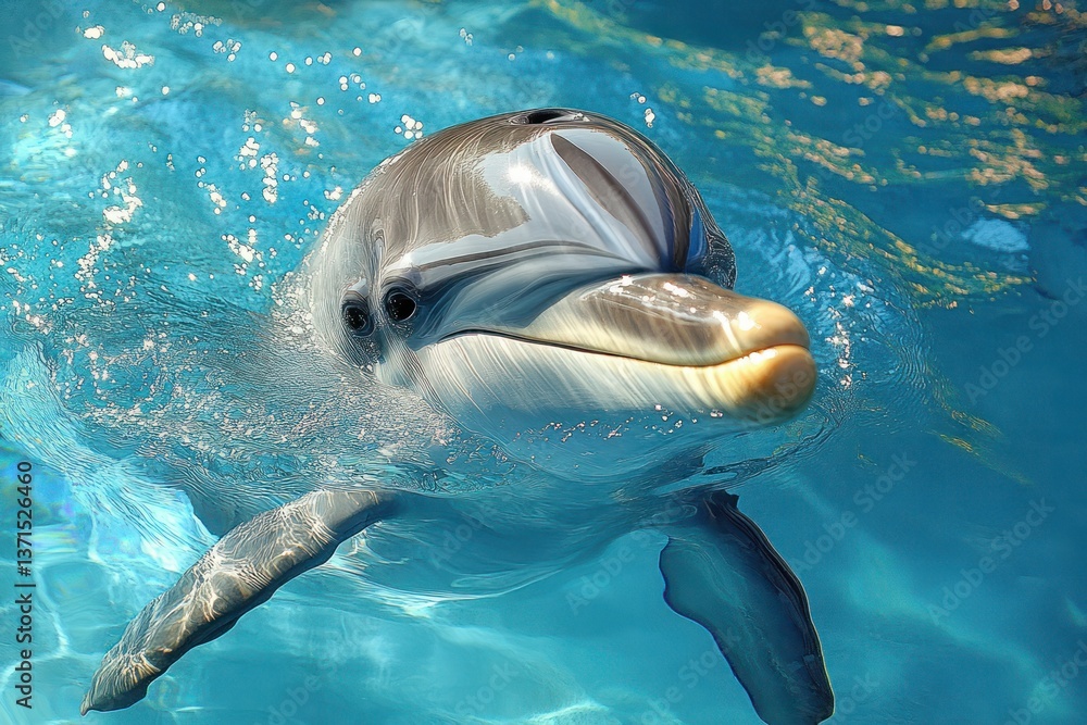 Fototapeta premium smiling bottlenose dolphin swimming in blue water ocean enjoying life in tropical sea