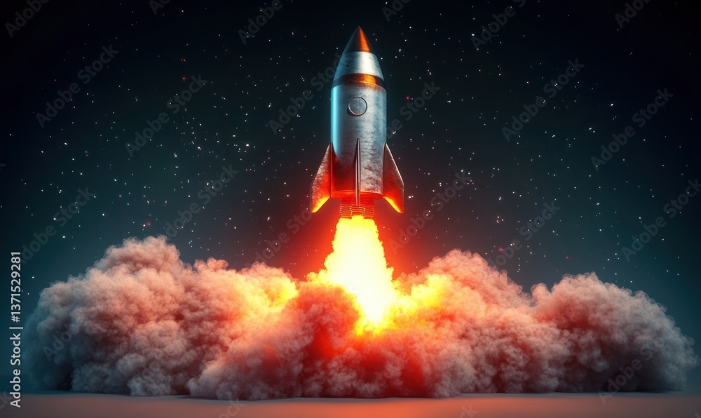 Naklejka premium Rocket Launch in Retro Style with Fiery Exhaust and Smoke