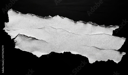 Torn white paper texture with high contrast on black background dirty wrinkled glued poster effect