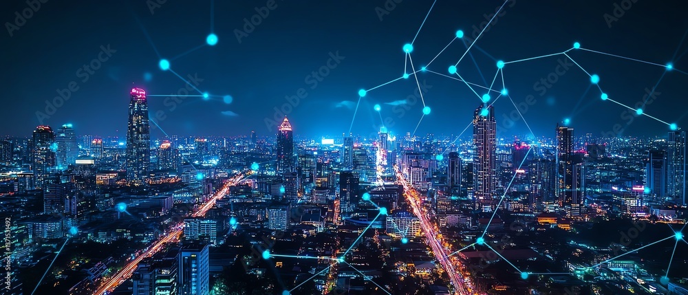 Fototapeta premium Smart city dot point connect with gradient line, connection technology metaverse concept Bangkok, Thailand night city banner with big data