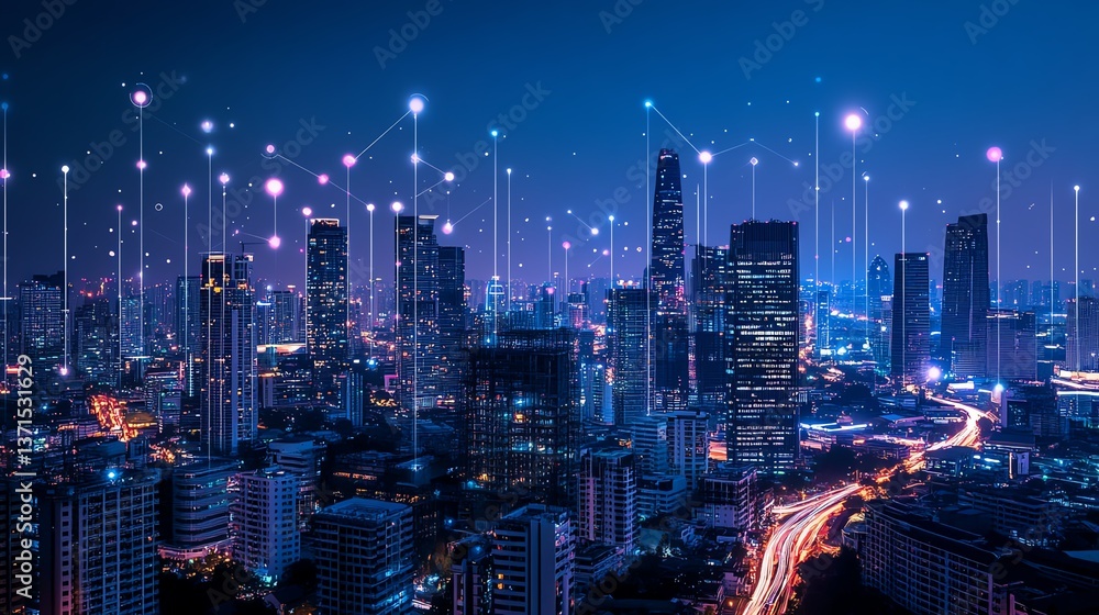 Obraz premium Smart city dot point connect with gradient line, connection technology metaverse concept Bangkok, Thailand night city banner with big data