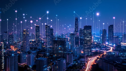 Smart city dot point connect with gradient line, connection technology metaverse concept Bangkok, Thailand night city banner with big data