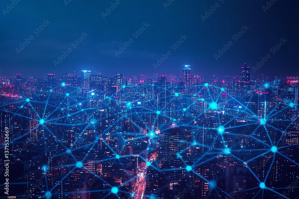 Smart city dot point connect with gradient grid line, connection technology metaverse concept Night city banner with big data Smart city dot point connect with gradient grid line, connection technology metaverse concept Night city banner with big data