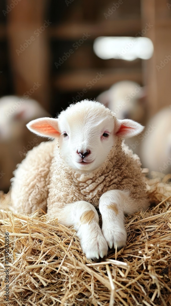 Adorable lamb rests peacefully on a hay bale, other lambs blurred in background Adorable lamb rests peacefully on a hay bale, other lambs blurred in background