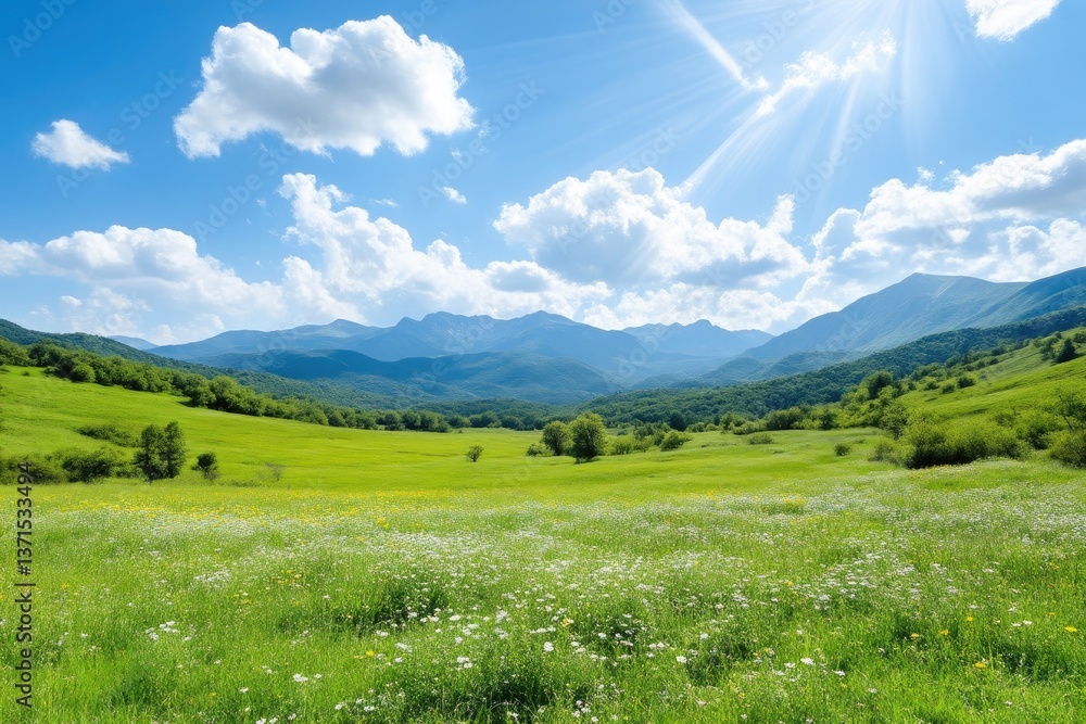 Fototapeta premium Lush green meadow stretches to mountain range under vibrant blue sky. Sunlight beams down through fluffy clouds