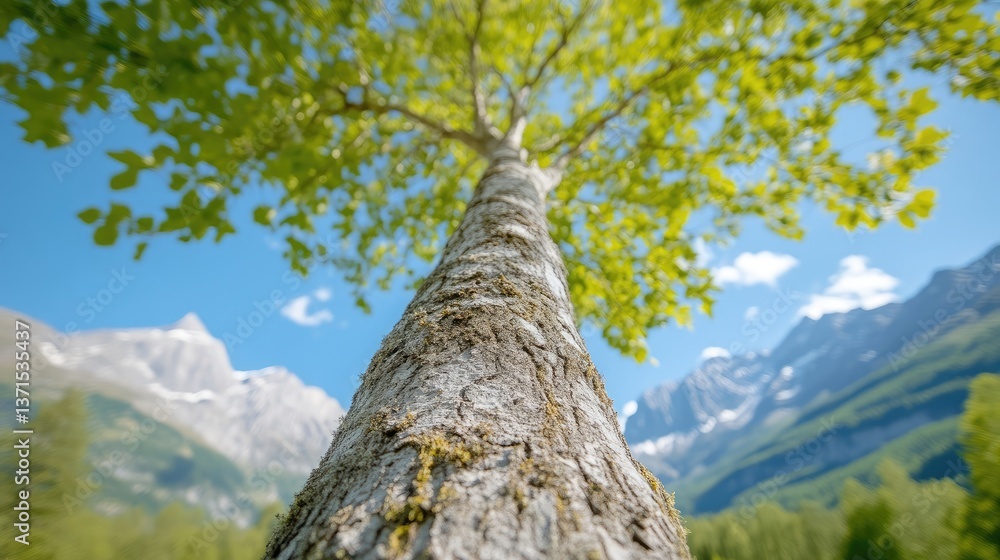 Fototapeta premium Upward view of tree trunk and canopy