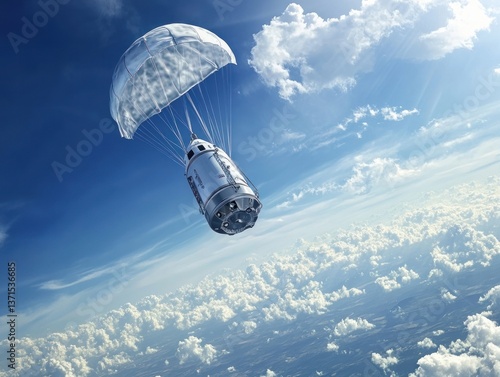 space capsule re-entering Earth’s atmosphere, featuring the suspenseful moment of a parachute deployment against a blue sky