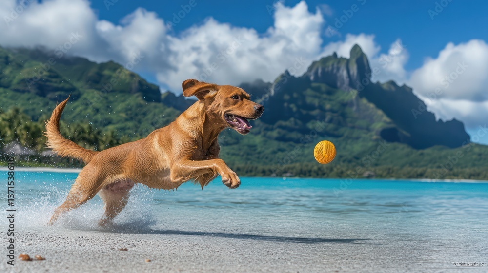 Vizsla dog catching a frisbee mid-air on Bora Bora Beach, French Polynesia, its sleek body tensed in action. Vizsla dog catching a frisbee mid-air on Bora Bora Beach, French Polynesia, its sleek body tensed in action.