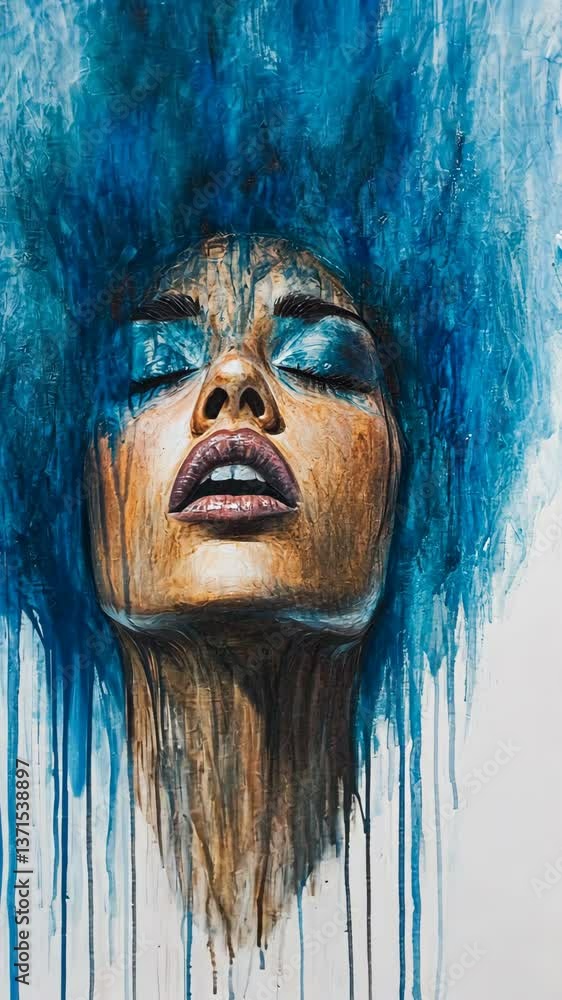 Artistic portrait of a woman with blue paint flowing beautifully, showcasing emotion and creativity in a vibrant display Artistic portrait of a woman with blue paint flowing beautifully, showcasing emotion and creativity in a vibrant display