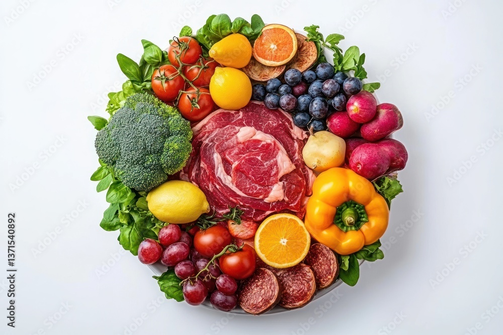 Vibrant Fresh Vegetables Fruits and Meats Arrangement on White Background for Vegetarian and Vegan Concepts Vibrant Fresh Vegetables Fruits and Meats Arrangement on White Background for Vegetarian and Vegan Concepts