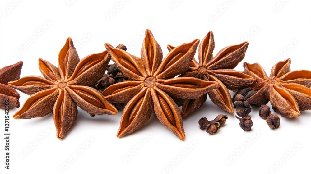 Star Anise and Cloves Aromatic Brown Spices on White Background Star Anise and Cloves Aromatic Brown Spices on White Background
