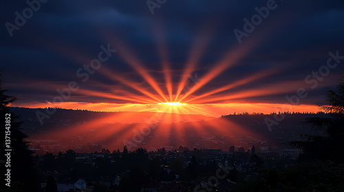 Majestic Sunset Rays over Cityscape: A Breathtaking Landscape Panorama