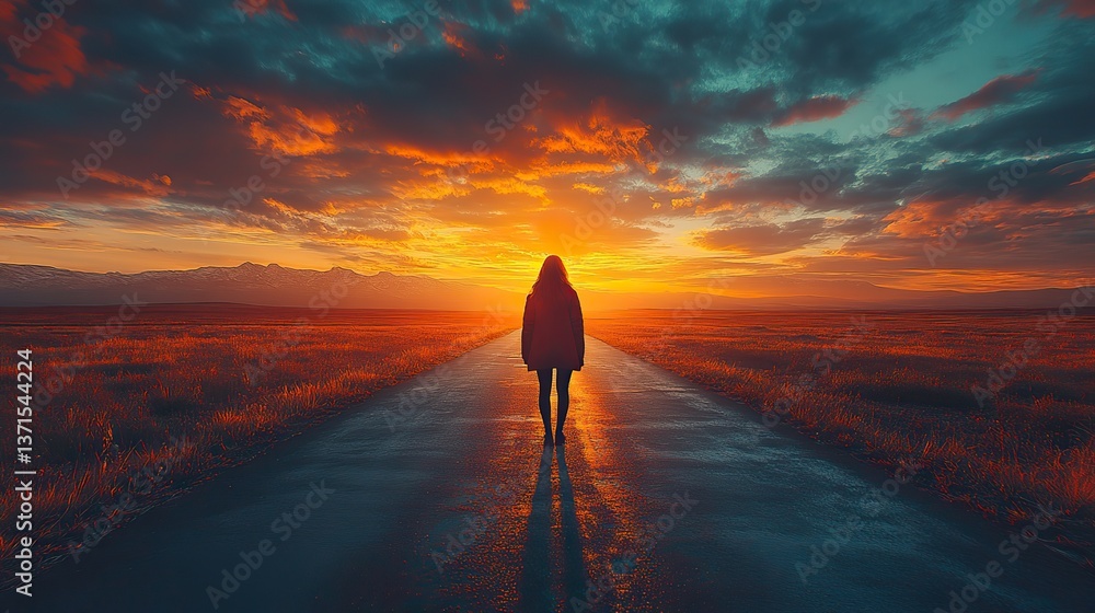 Obraz premium A person's shadow splits at a crossroads, showing choices at sunset.