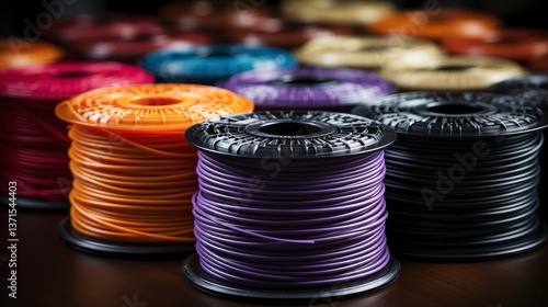 Colorful Spools of Wire in Various Shades Arranged in Artistic Stack on Dark Surface for Crafting and DIY Projects, Ideal for Creative Enthusiasts and Professionals
