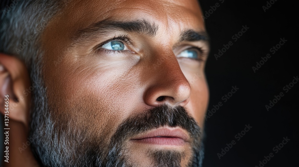 Close-up portrait of a man with thoughtful expression. Mature man with gray hair and a beard, looking upward. Deep blue eyes Close-up portrait of a man with thoughtful expression. Mature man with gray hair and a beard, looking upward. Deep blue eyes