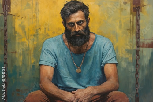 Contemplative Man with Beard in Casual Attire Seated Against Grunge Background, Symbolizing Isolation, Reflection, and Resilience in a Gritty Environment