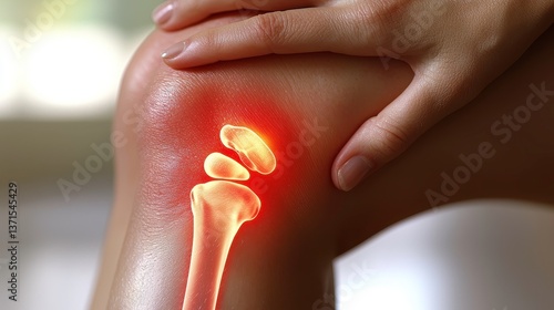 Human knee joint close-up showing pain with highlighted bones and cartilage structure to indicate injury or condition associated with joint health and mobility challenges.