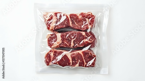 Raw beef steaks packaged in clear vacuum sealed plastic