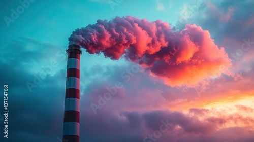 Vibrant Sunset Sky Over Industrial Smokestack Emitting Colorful Clouds in an Urban Landscape, Capturing the Contrast Between Nature and Industrial Pollution