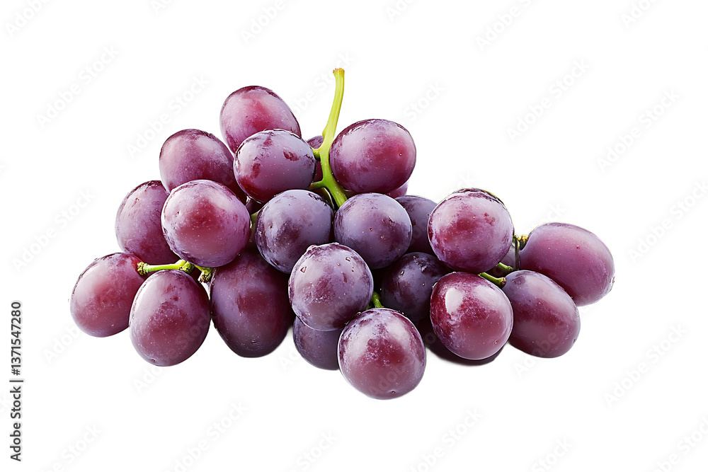 Fototapeta premium A bunch of fresh red grapes with green stems are isolated against a black background in a studio shot