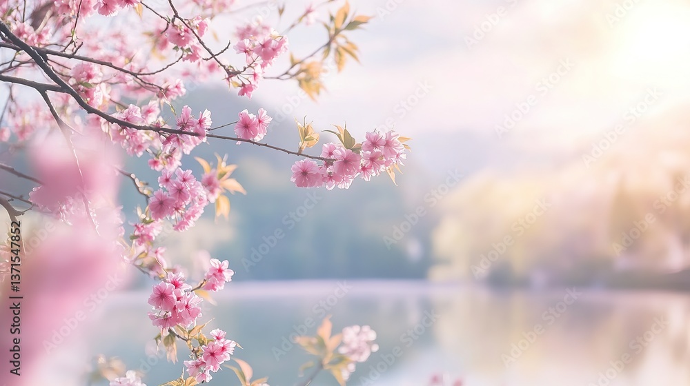Fototapeta premium A beautiful cherry blossom tree standing beside a lake with pink blossoms on its branches, surrounded by lush fields under soft sunlight, showing a serene and peaceful natural scene.