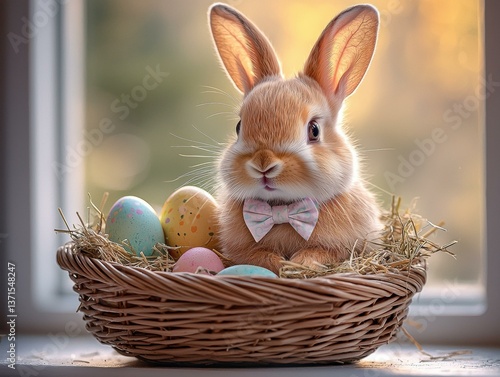 Cute bunny with Easter eggs. AI.