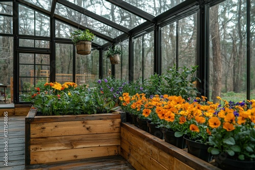 Colorful flowers in a greenhouse. AI.