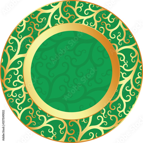 Vector round Easter green and golden gradient plate with golden patten isolated on transparent background
