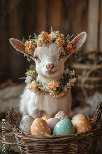 Cute baby goat with a flower crown. AI.